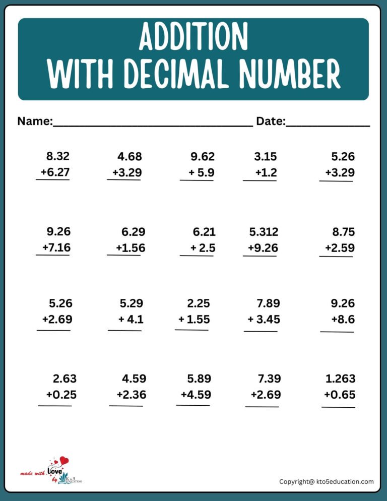 Addition With Mixed Decimal Number Worksheet | FREE Download