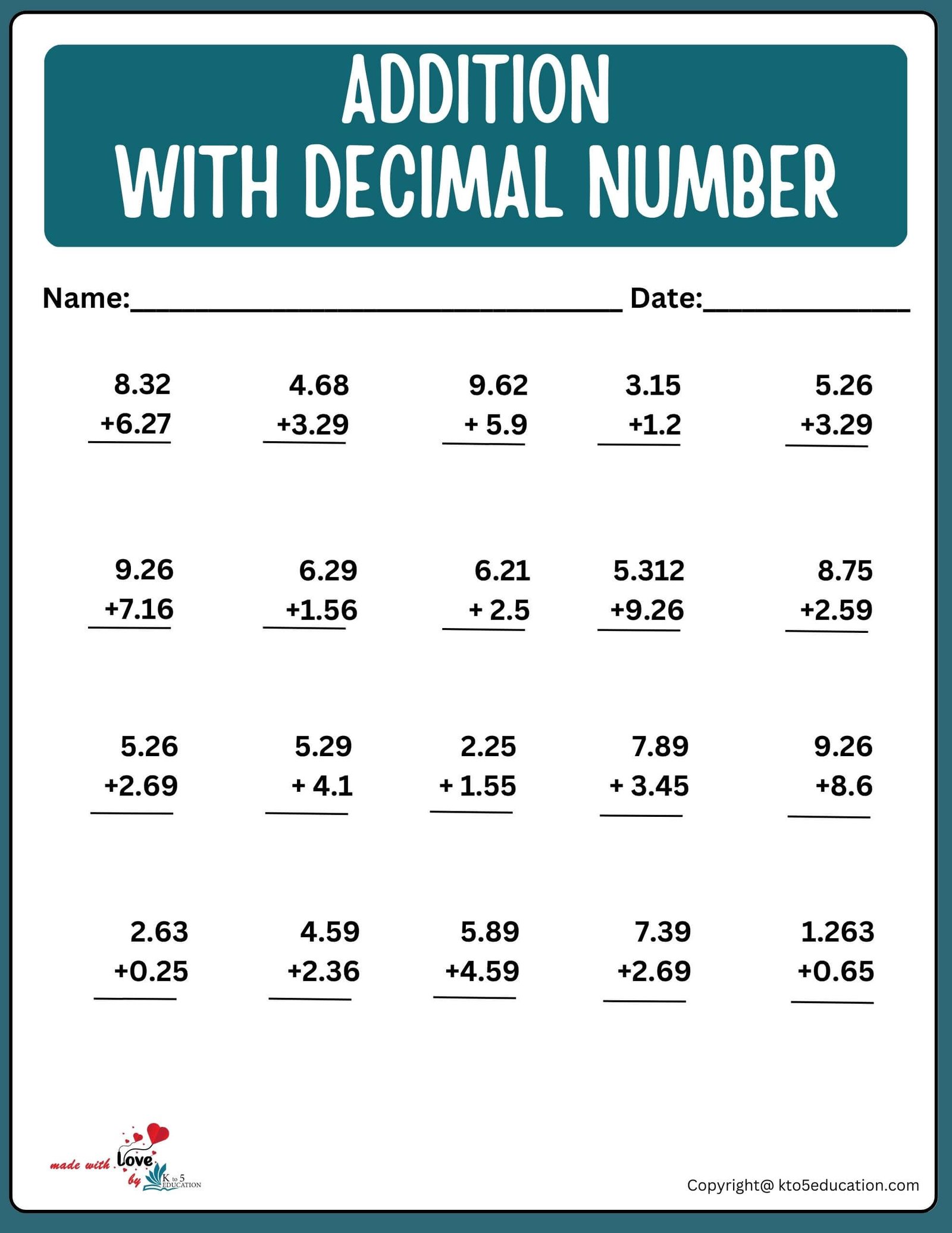 Addition With Mixed Decimal Number Worksheet