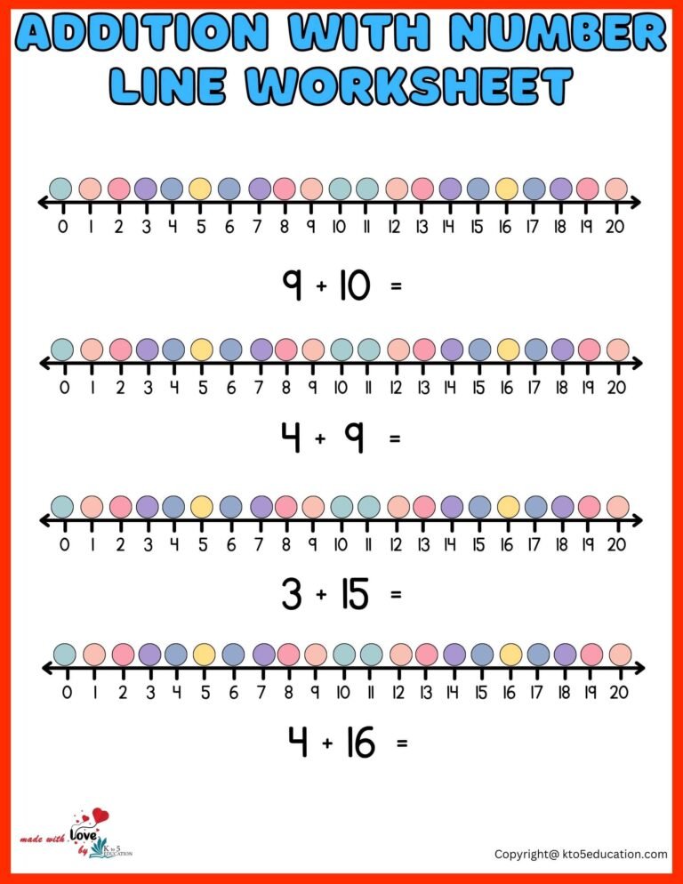 Addition With Number Line Printable Worksheet 1-20