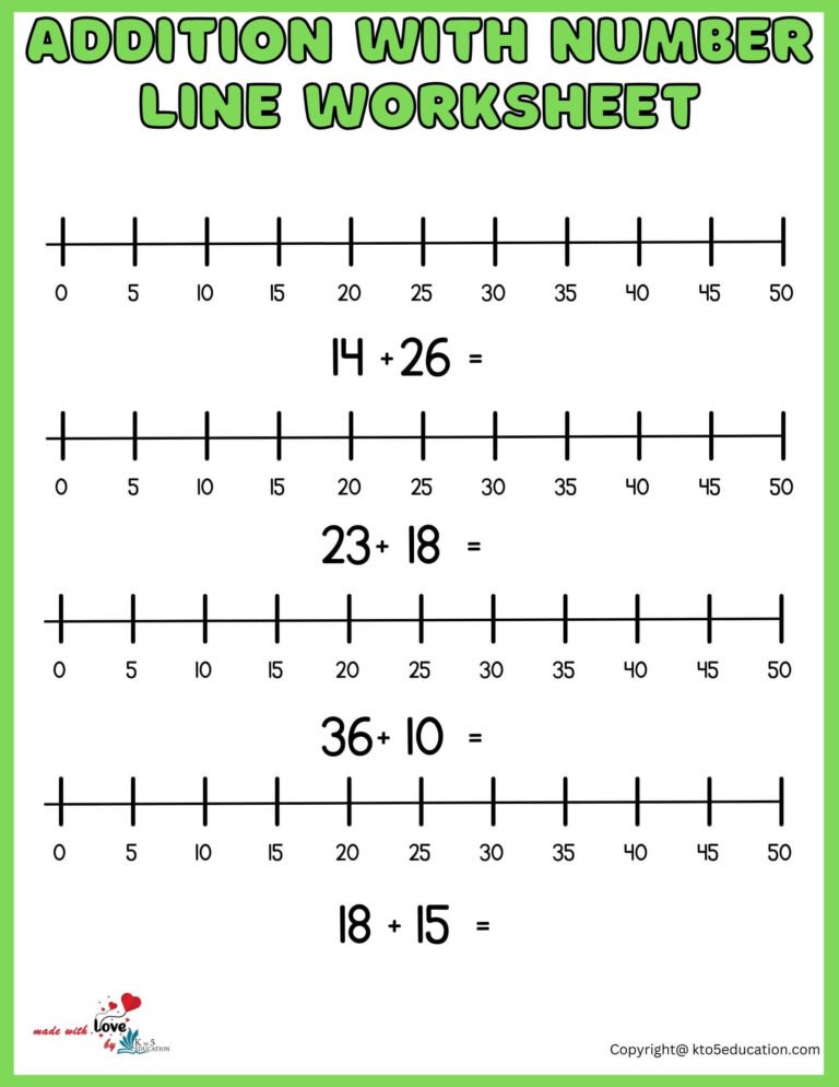 Addition With Number Line Printable Worksheet 1-50 | FREE Download