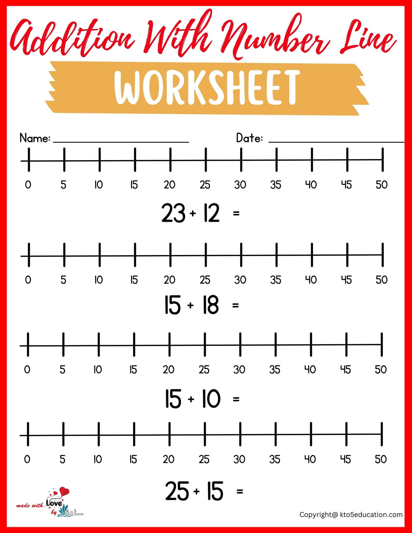 Addition With Number Line Worksheet 1-50 For 2nd Grade
