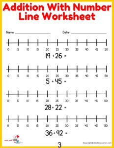 Addition With Number Line Worksheet 1-50 For Kids