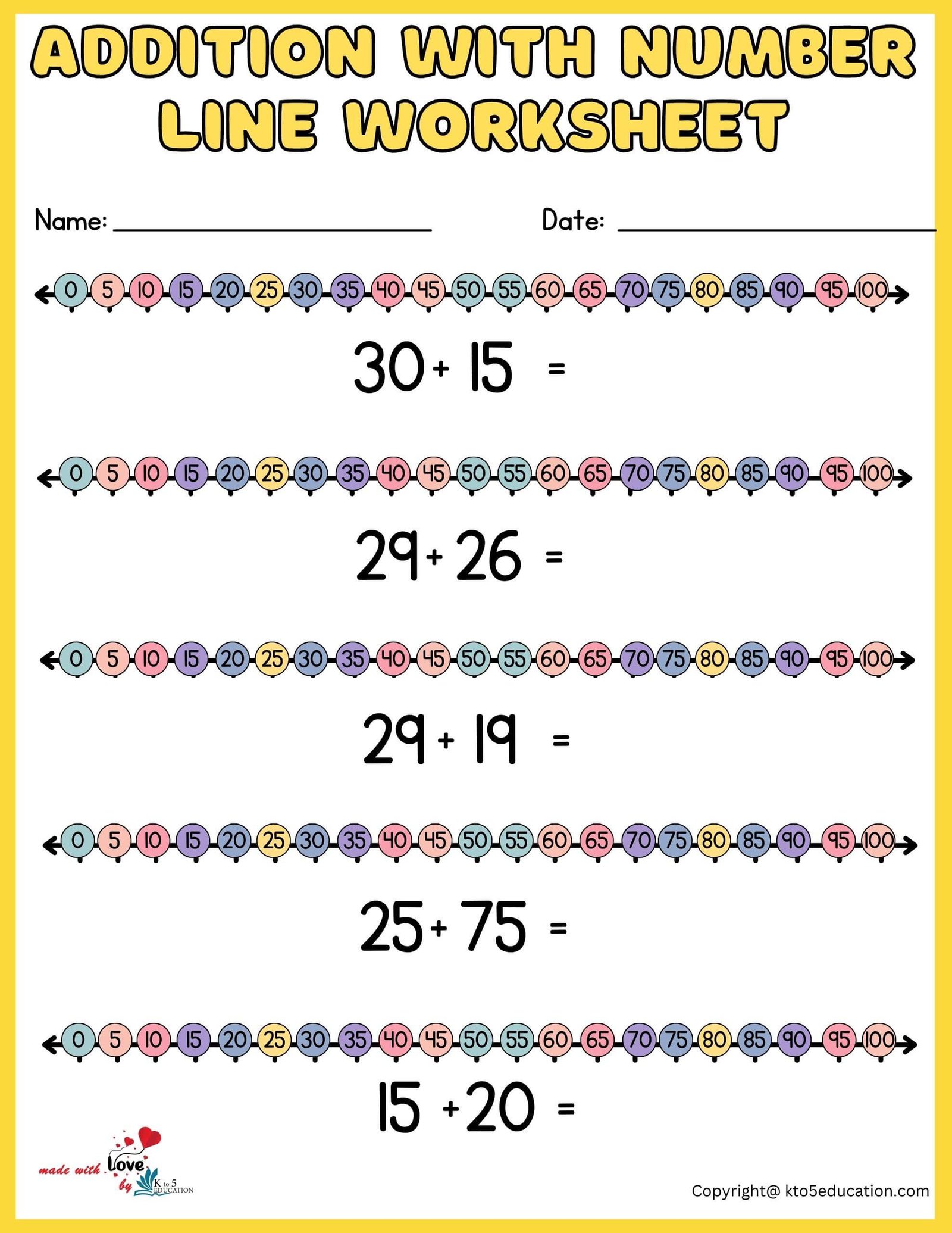 Addition With Number Line Worksheets 1-100