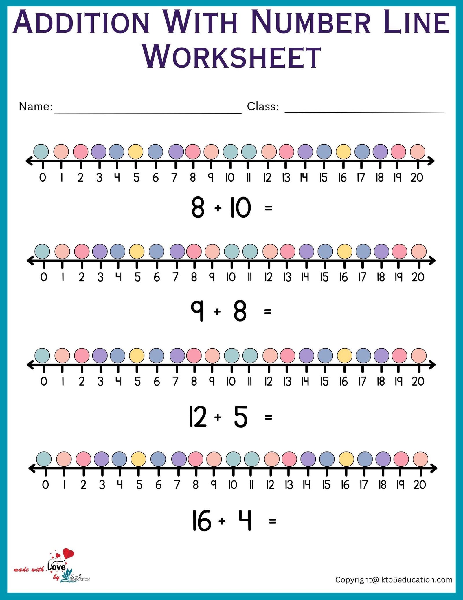 Addition With Number Line Worksheets Printable 1-20