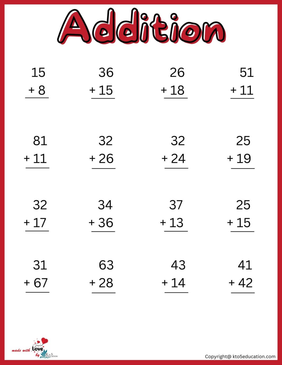 Addition Worksheet 2nd Grade | FREE Download