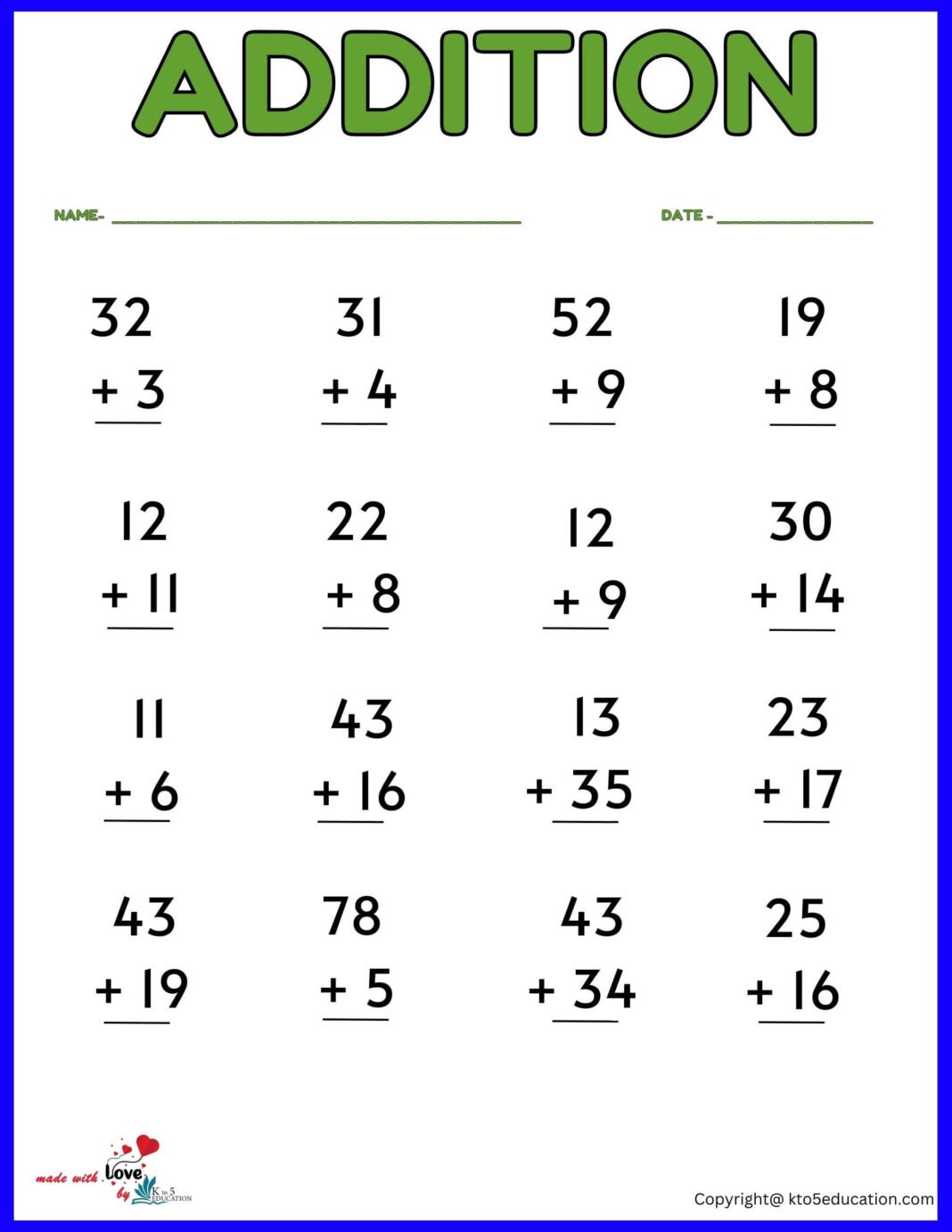 Addition Worksheet For 3rd Grade | FREE Download