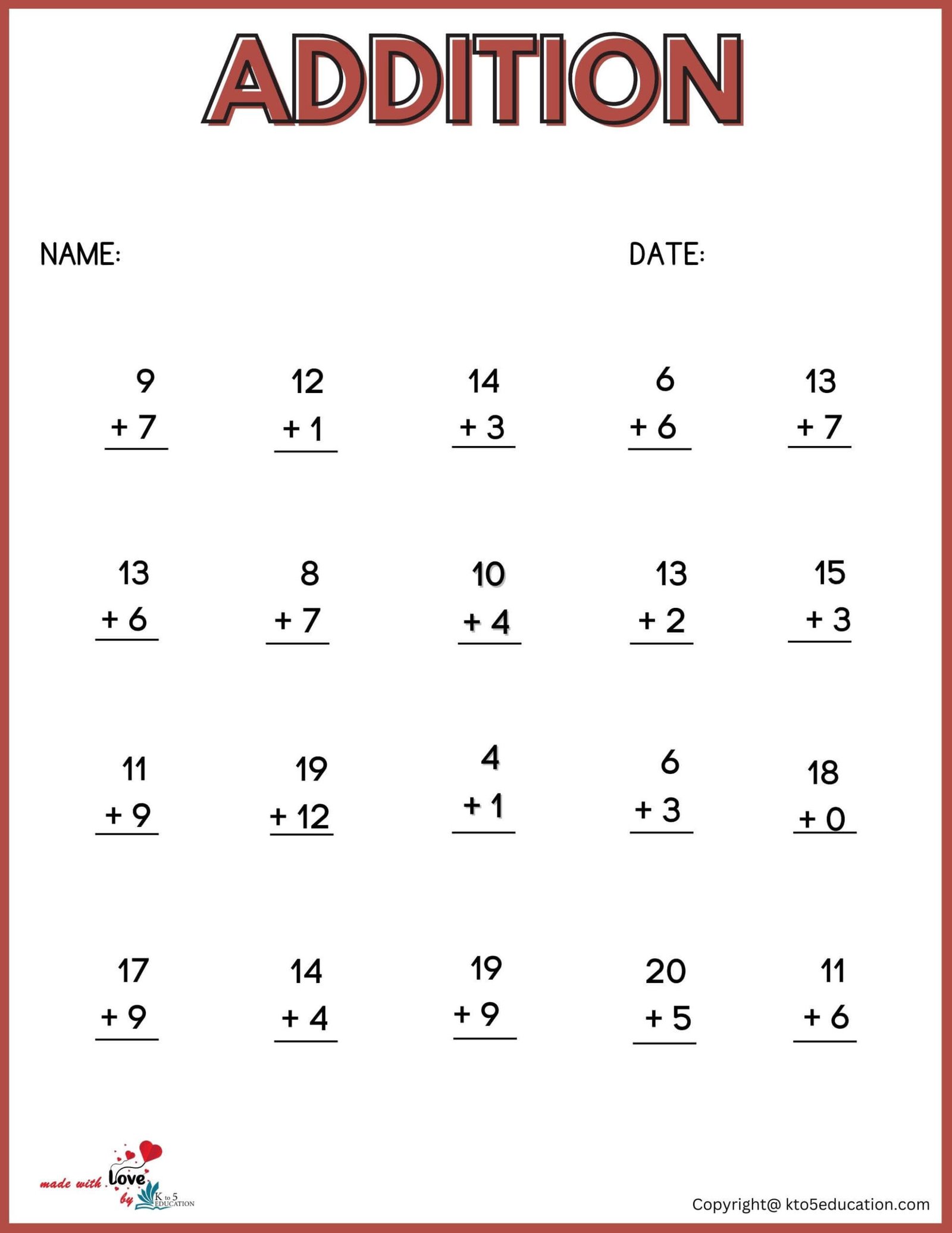 Addition Worksheets For First Graders FREE Download