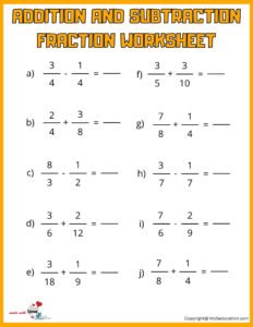 Additions And Subtraction Fraction Worksheet