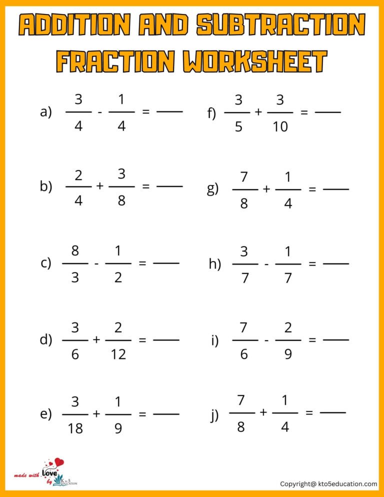 Additions And Subtraction Fraction Worksheet