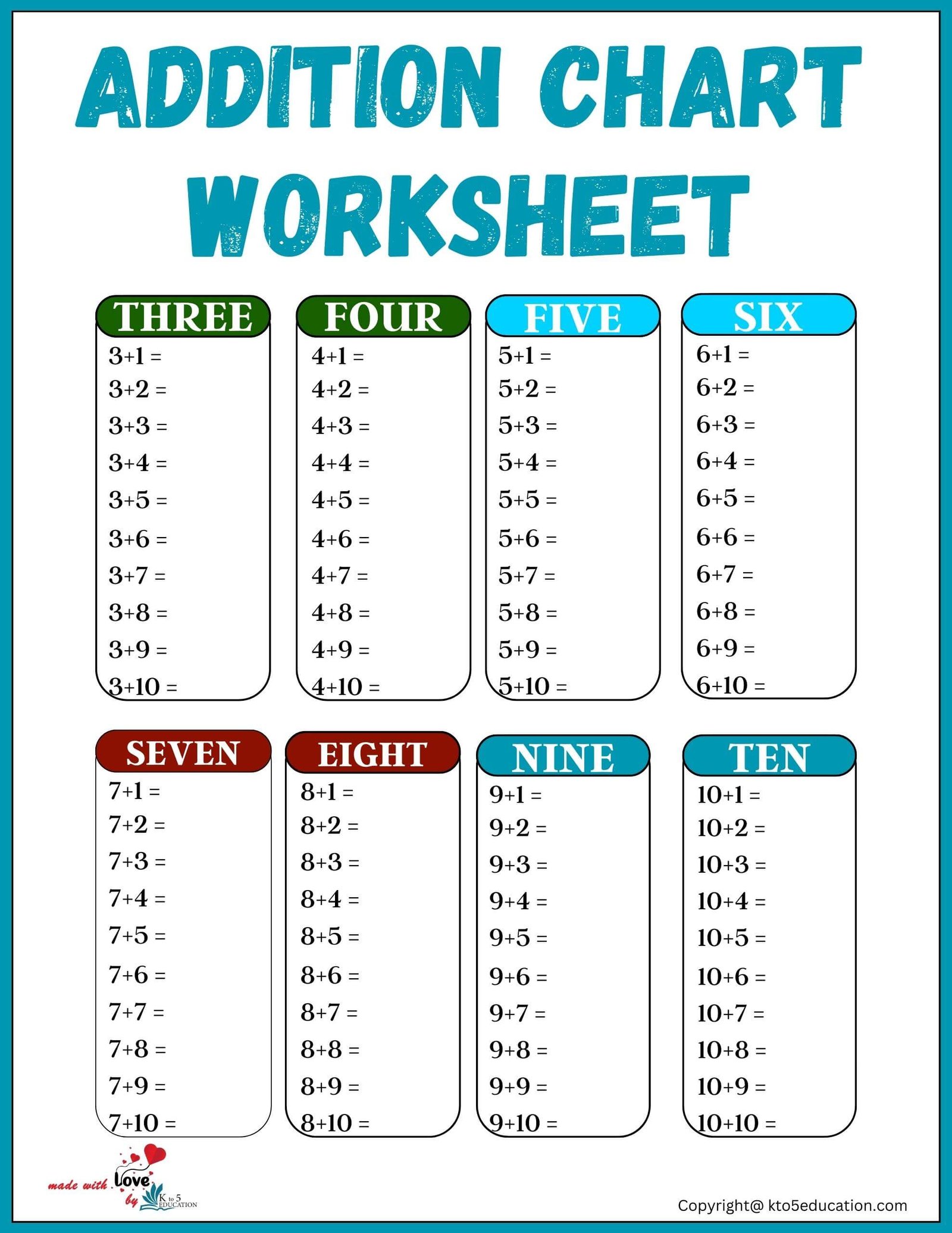 Additions Chart Worksheets