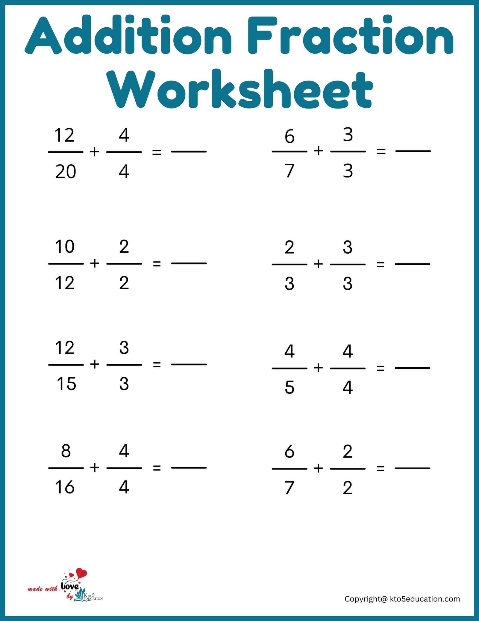 Additions Fractions Worksheets