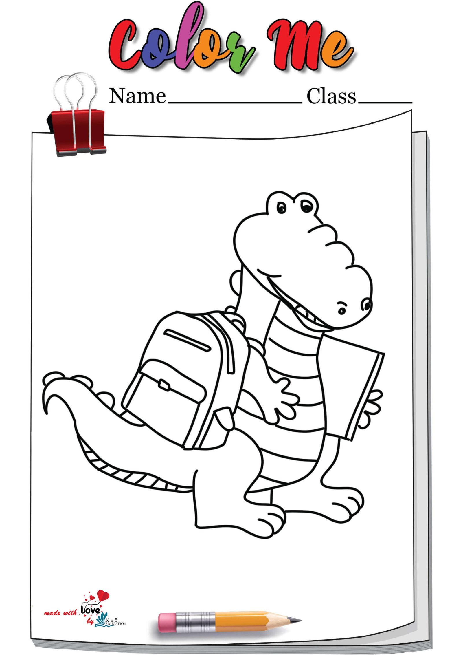 Cartoon Alligator Go To School Coloring Page