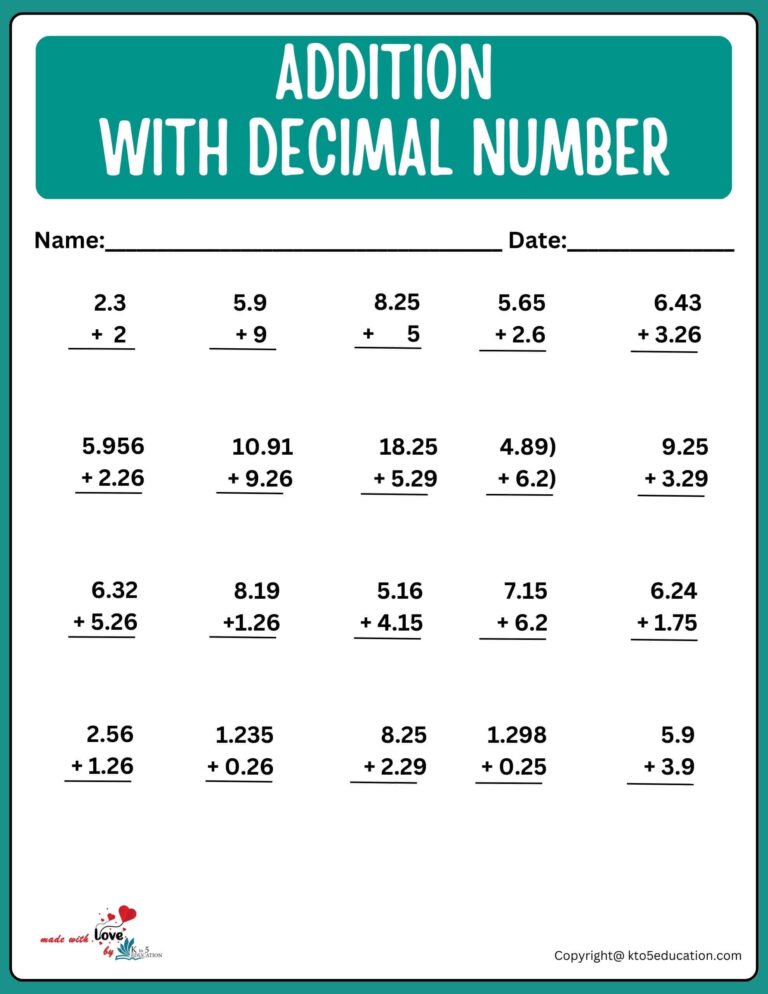 Decimal Number Addition Worksheet | FREE Download