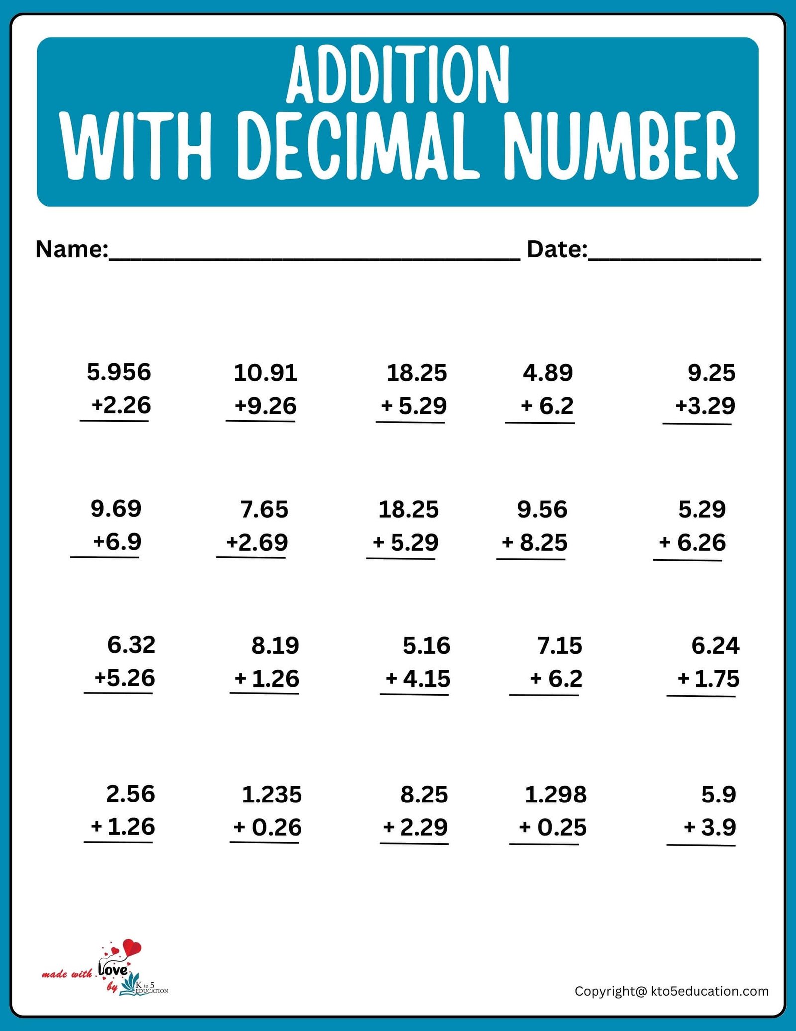 Decimal Number Addition Worksheet For 4th Grade