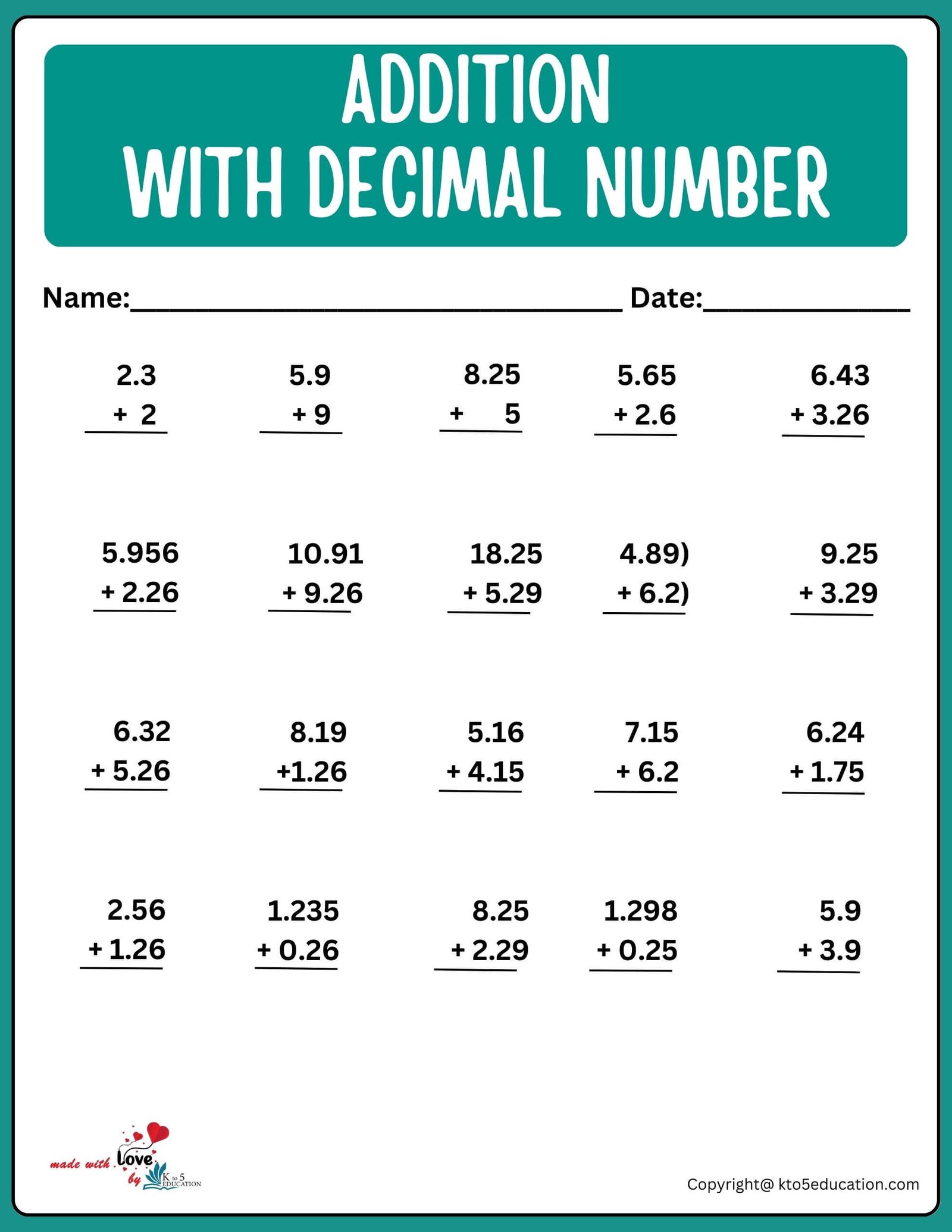Decimal Number Addition Worksheet