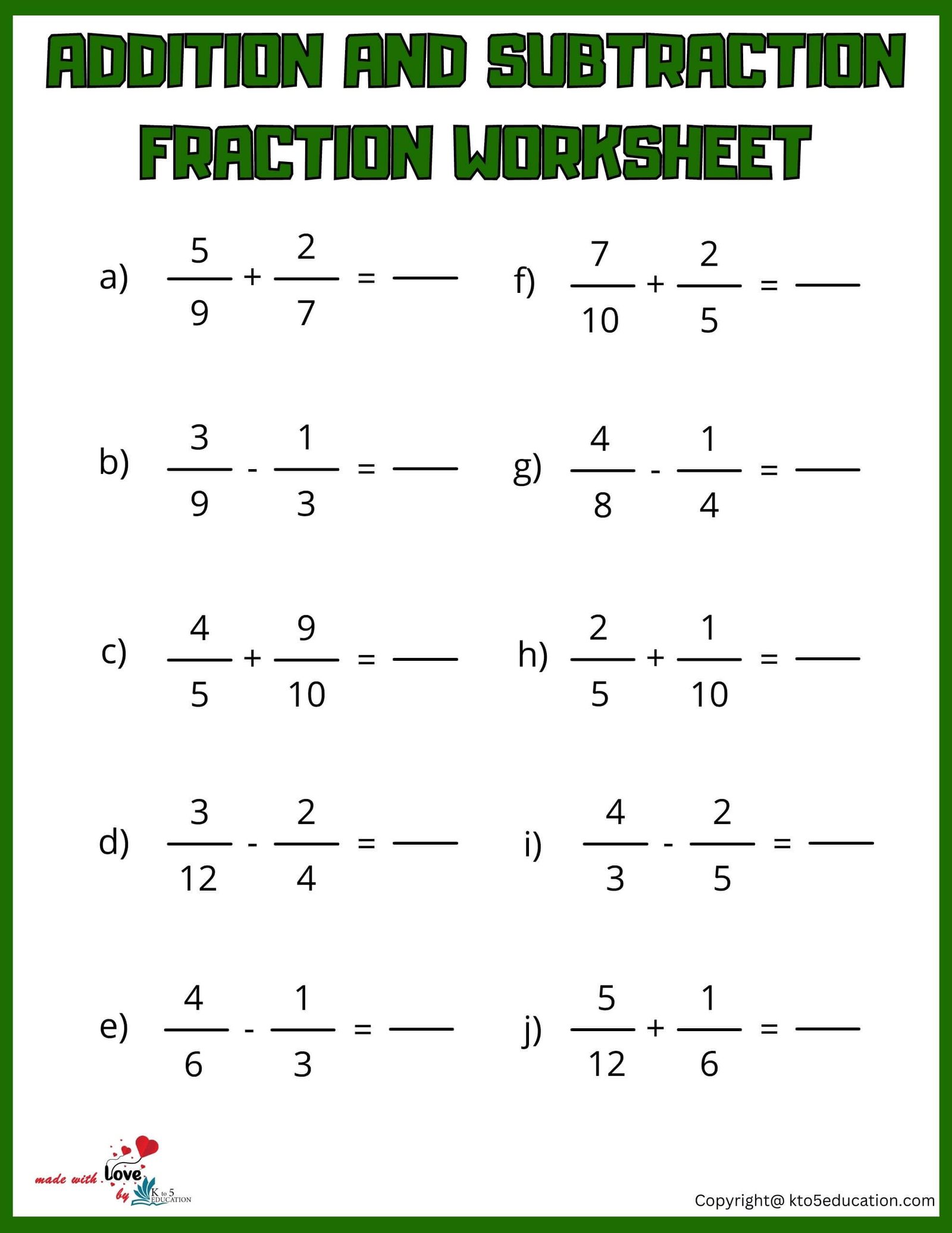 Fifth Grade Addition And Subtraction Fraction Worksheet