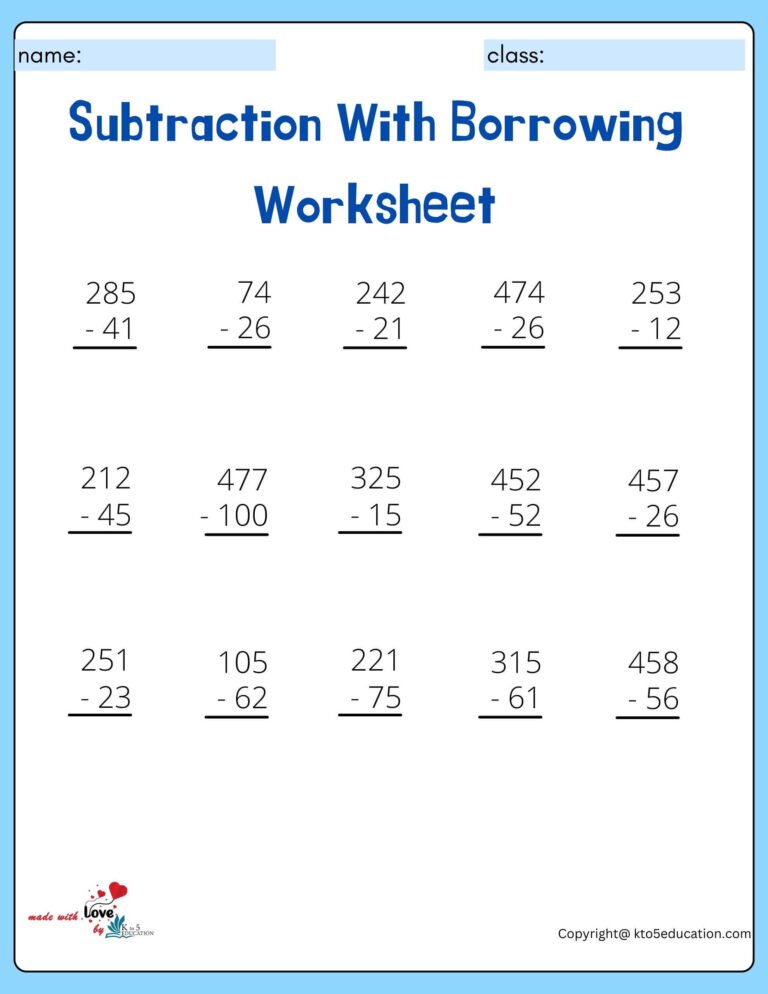 Fourth Grade Subtraction With Borrowing Worksheet