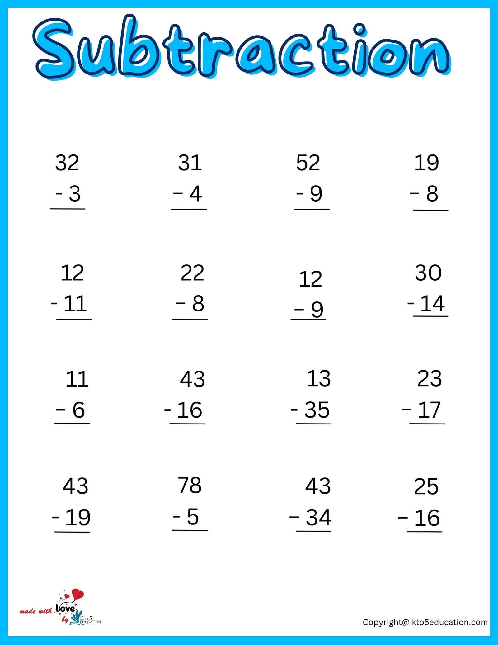 Free 2nd Grade Subtraction Printable Worksheet