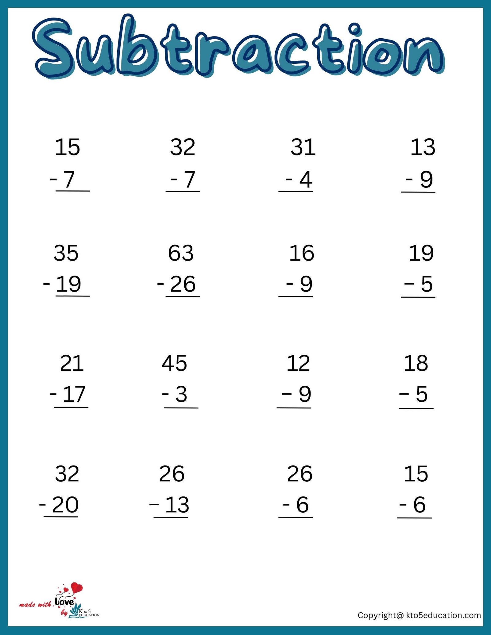 Free 2nd Grade Subtraction Worksheet