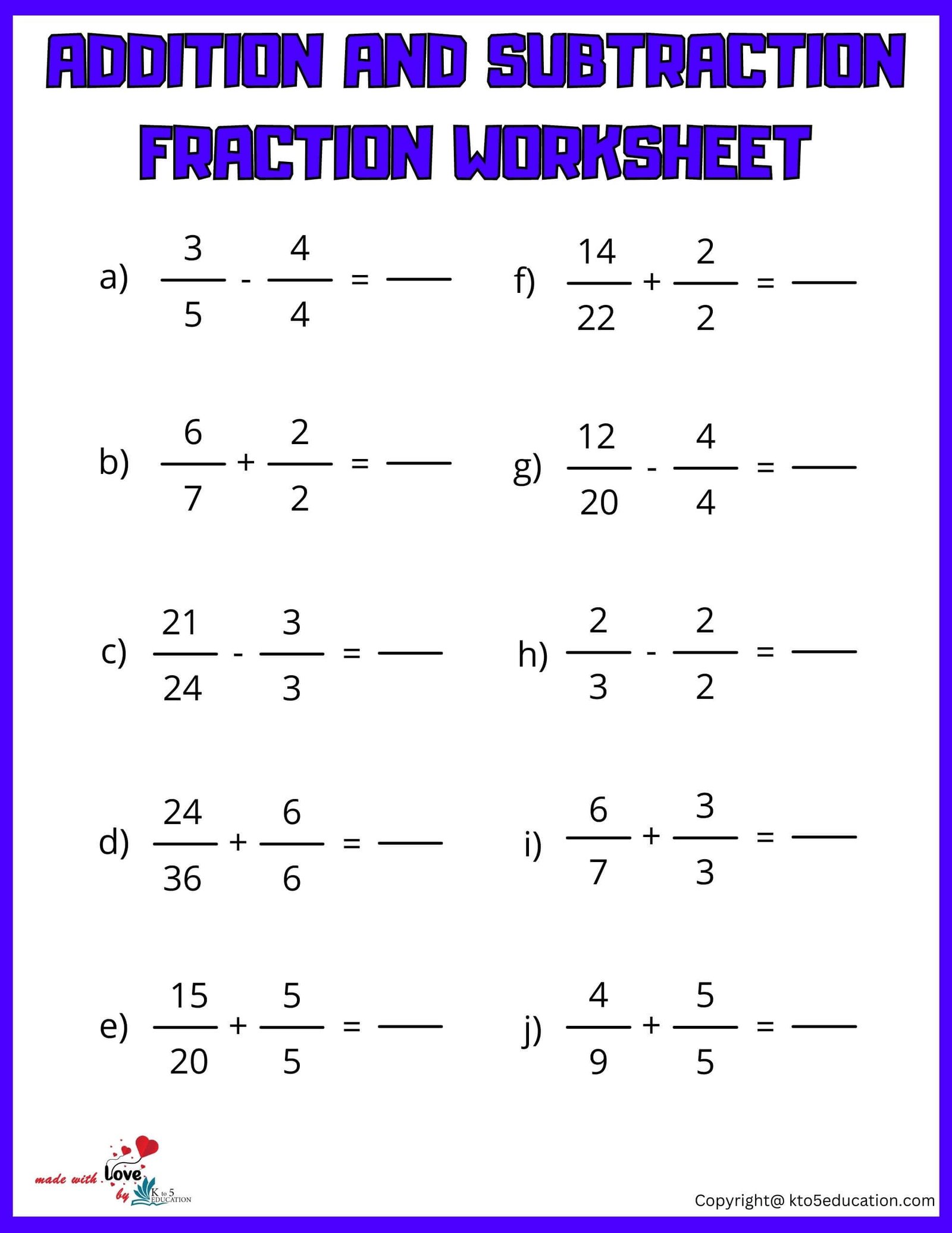 Free Add Subtract Fraction Printable Worksheet