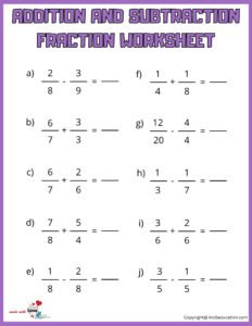 Free Addition And Subtraction Fraction Printable Worksheet