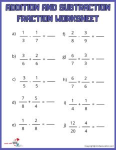Free Addition And Subtraction Fraction Worksheet