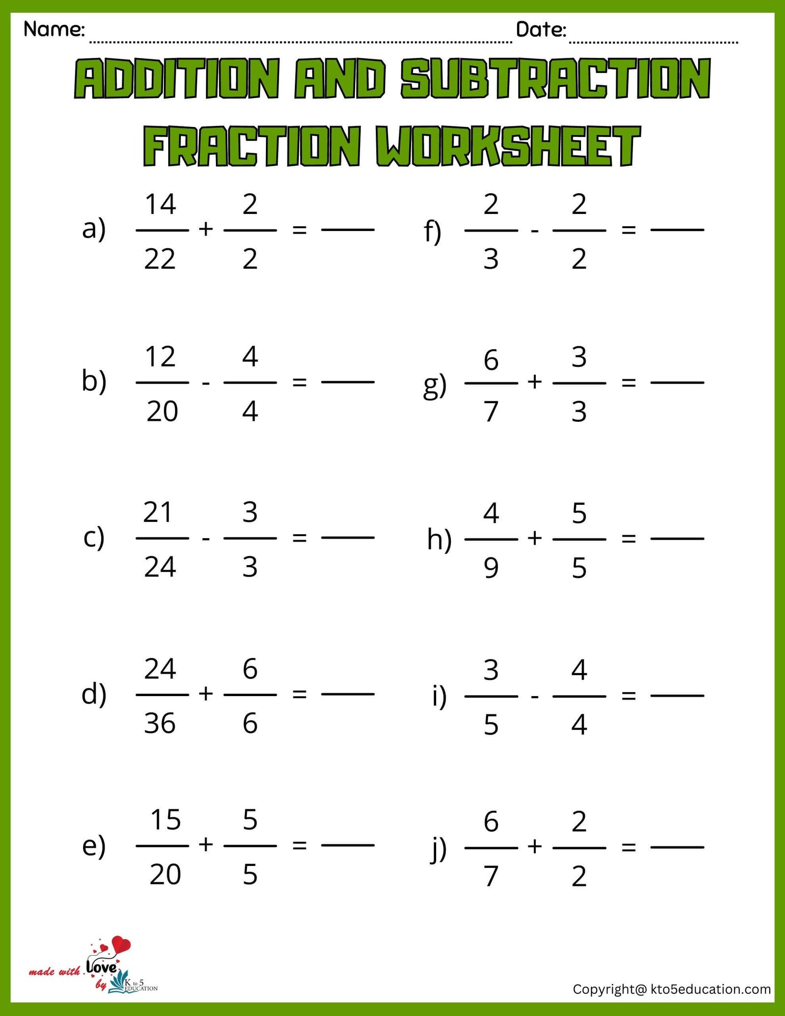 Free Addition And Subtraction Fraction Worksheet For Kids