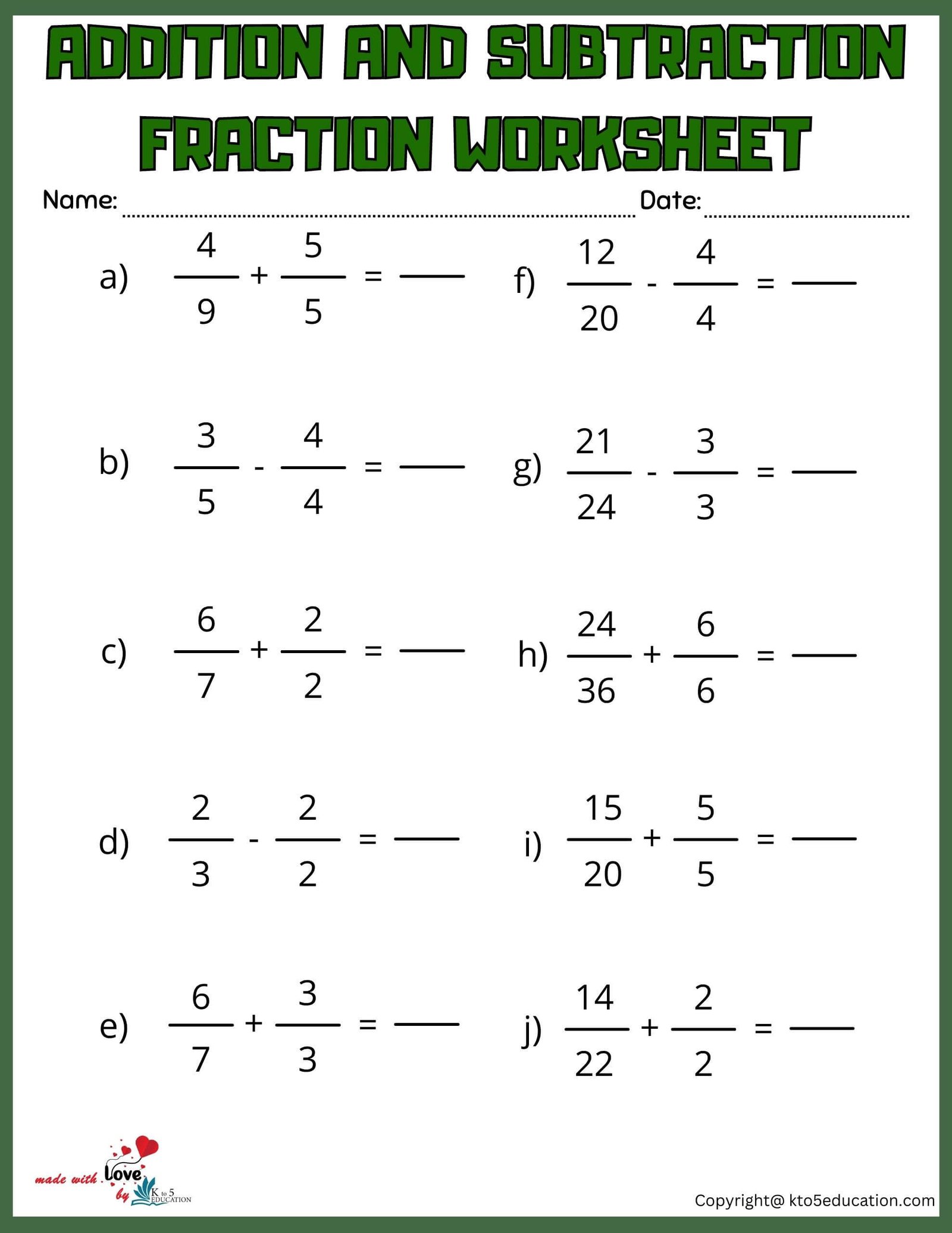 Free Addition And Subtraction Fraction Worksheet For Practice