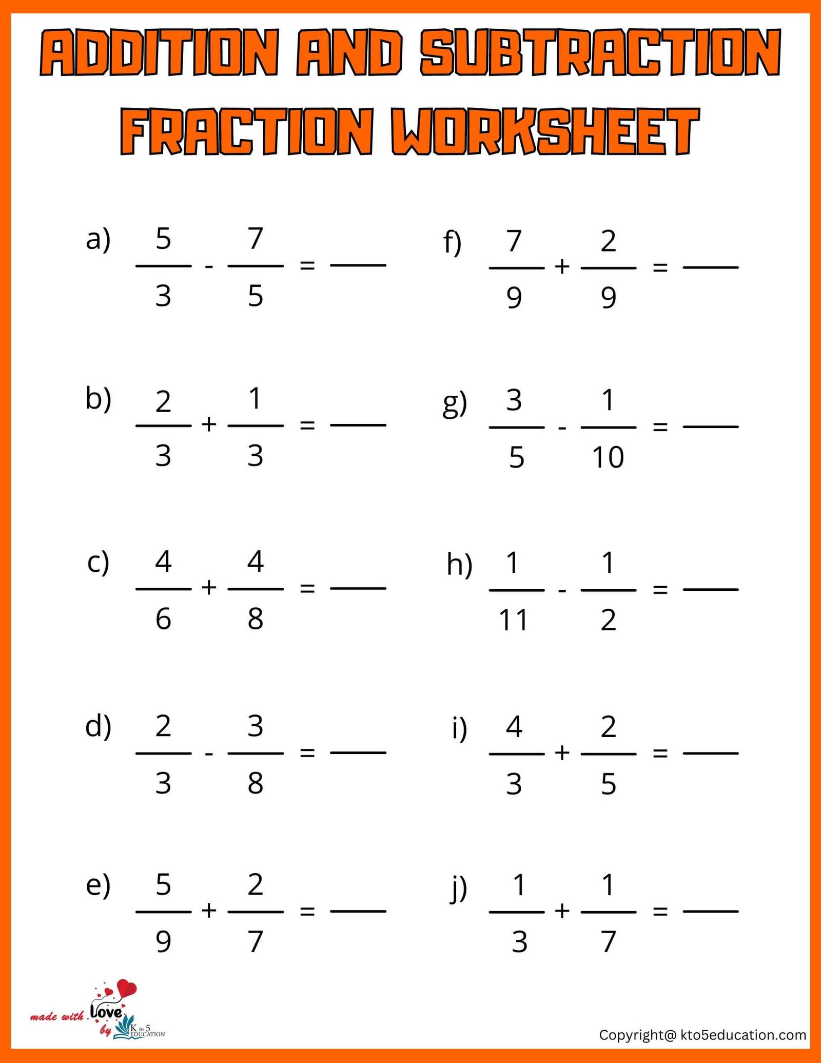 Free Addition And Subtraction Fraction Worksheet Online Activity