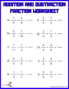 Free Addition And Subtraction Fraction Worksheet Online Practice