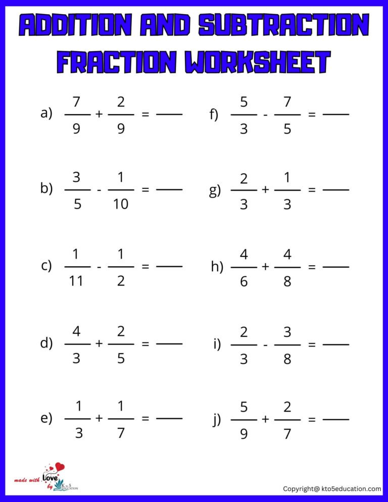 Free Addition And Subtraction Fraction Worksheet Online Practice