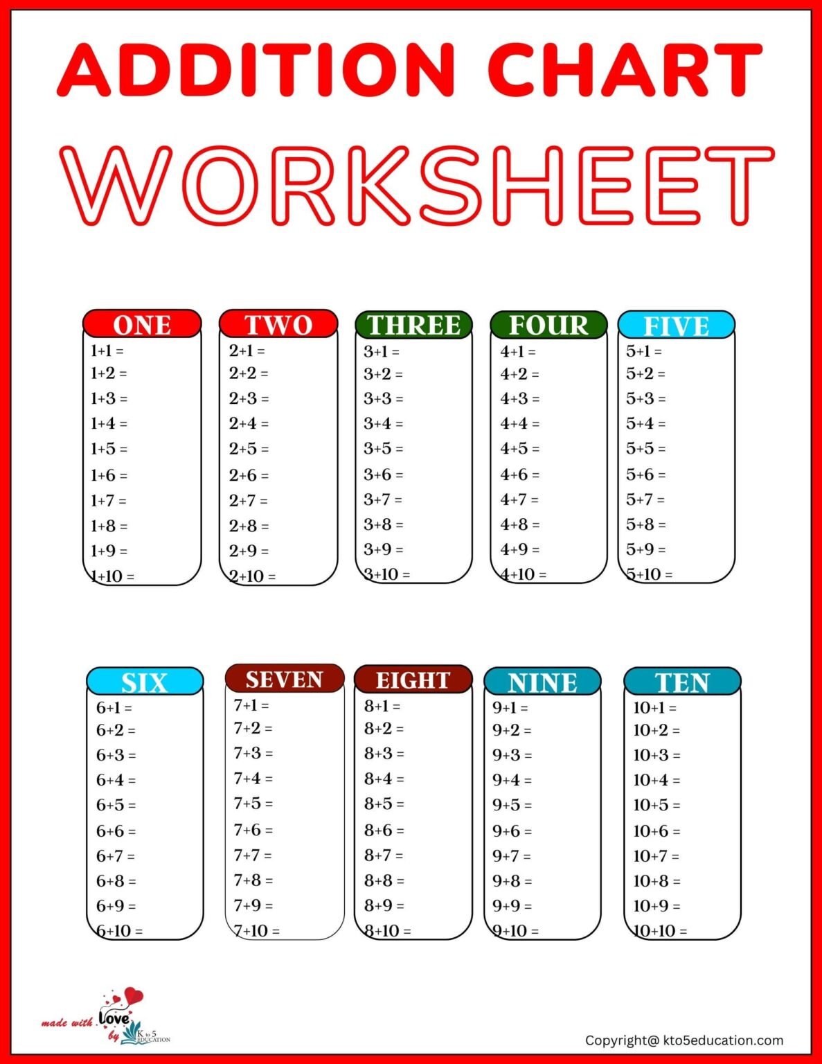 Free Addition Chart Printable Worksheets FREE Download