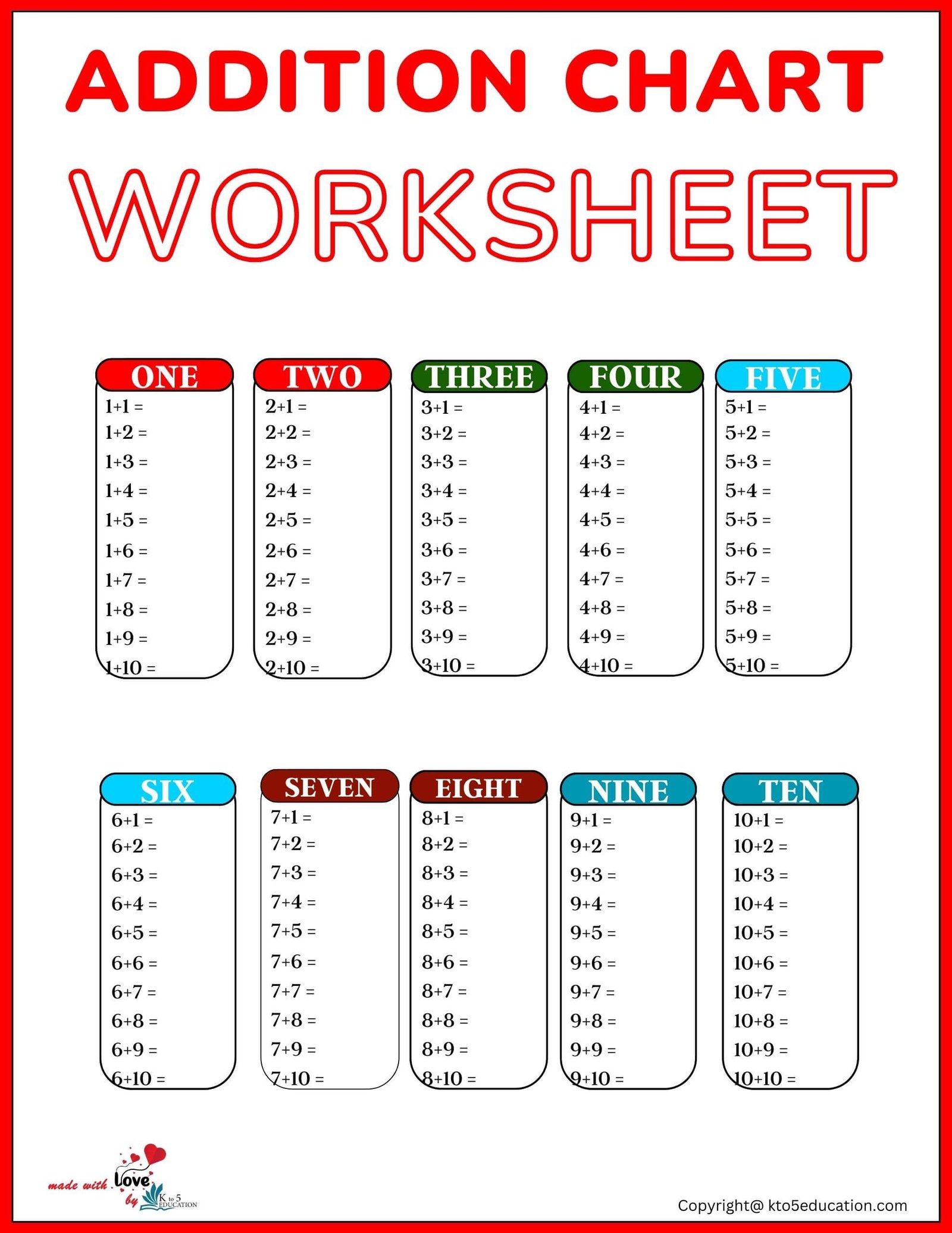 Free Addition Chart Printable Worksheets