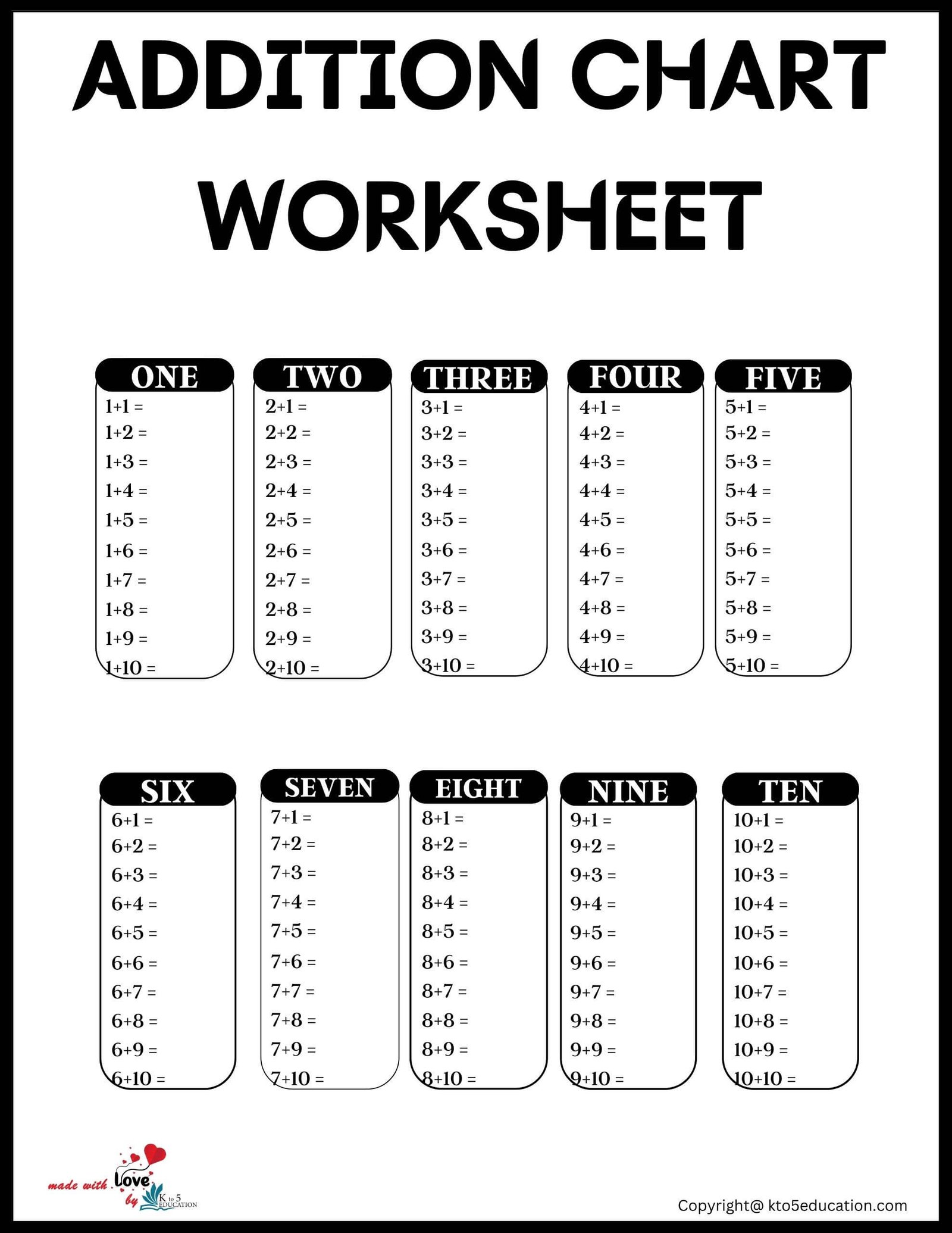 Free Addition Chart Worksheet 1st Grade