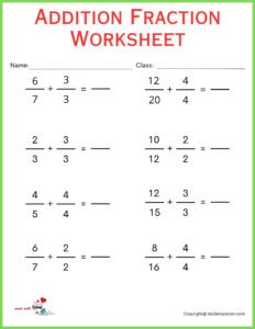 Free Addition Fraction Printable Worksheet