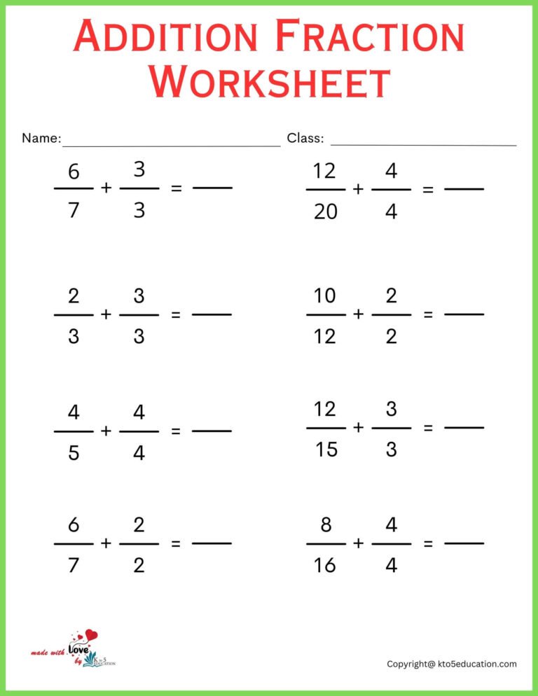 Free Addition Fraction Printable Worksheet | FREE Download