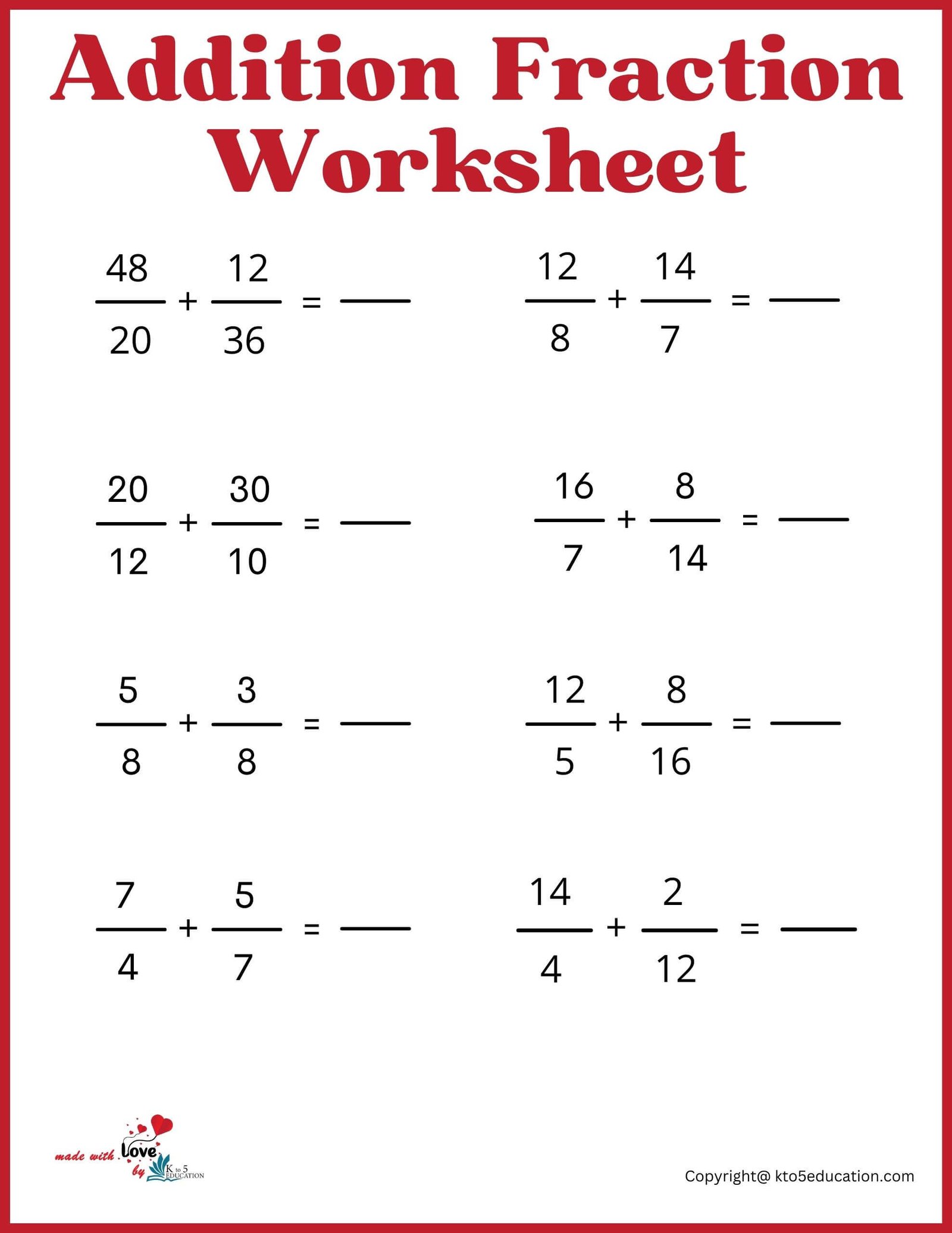 Free Addition Fraction Worksheet For Fourth Grade