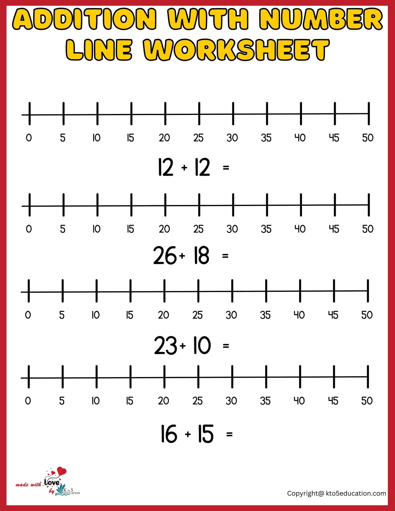 Free Addition With Number Line Printable Worksheet 1-50