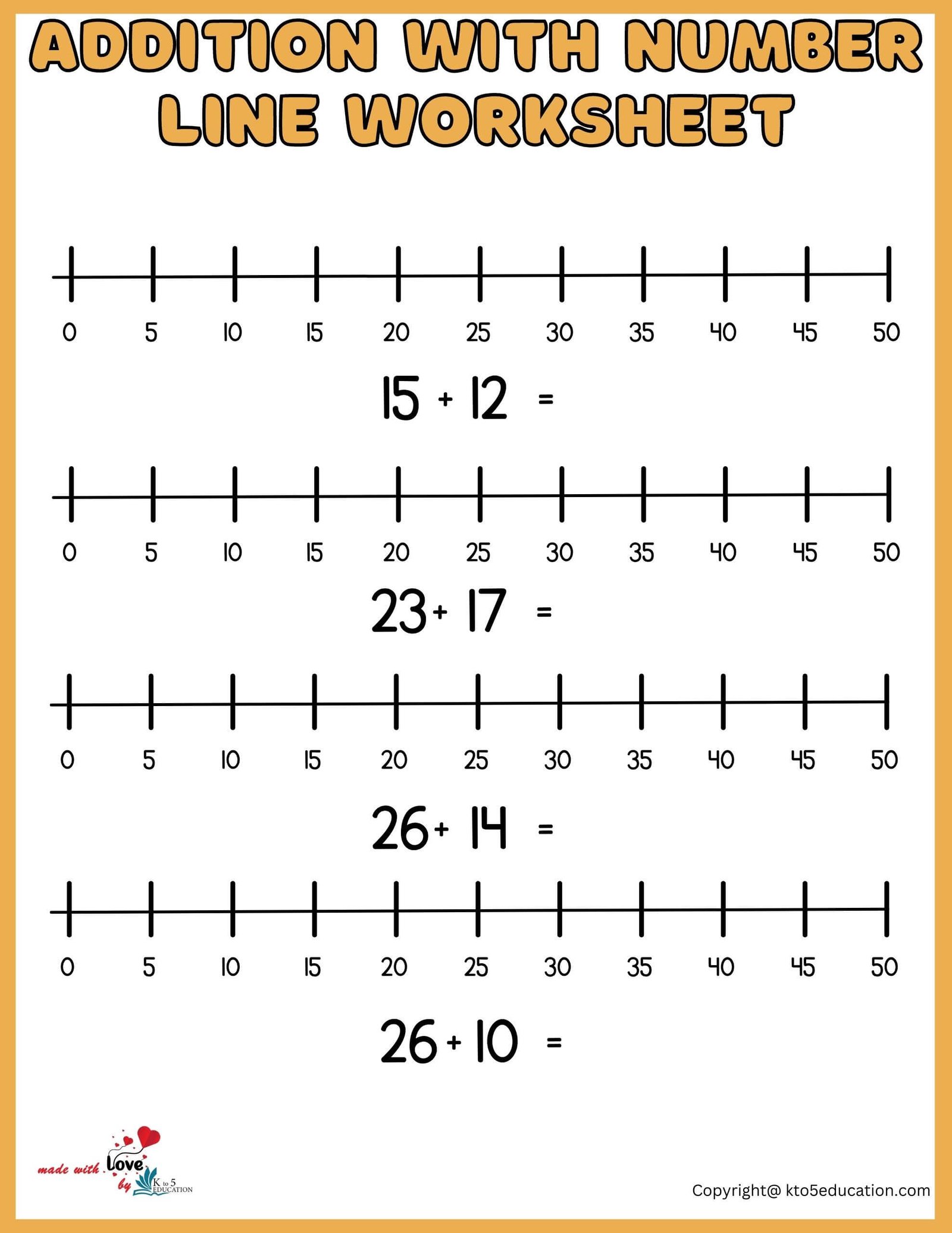 Free Addition With Number Line Worksheet 1-50