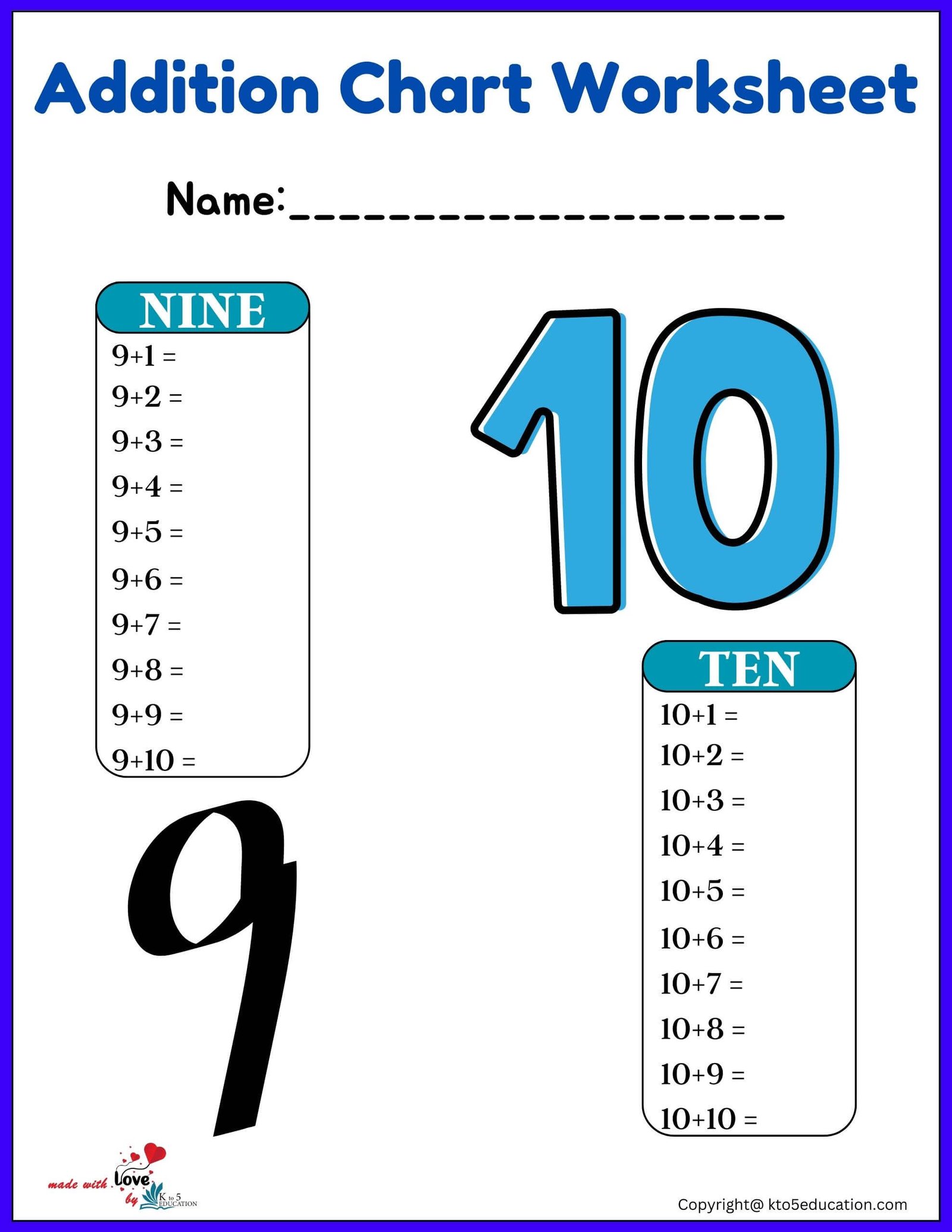 Free Additions Charts Worksheets