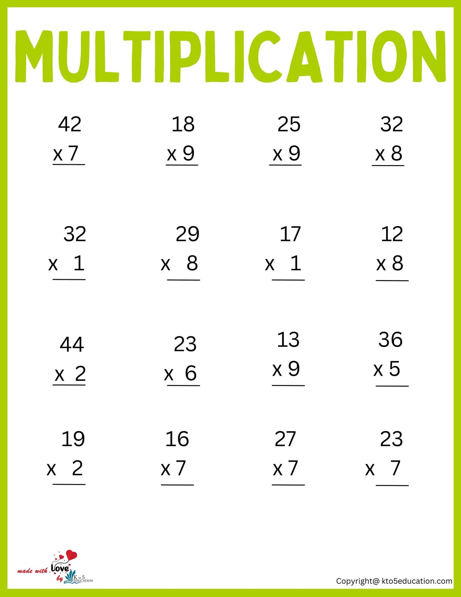 Free Multiplication Worksheet For Second Grade