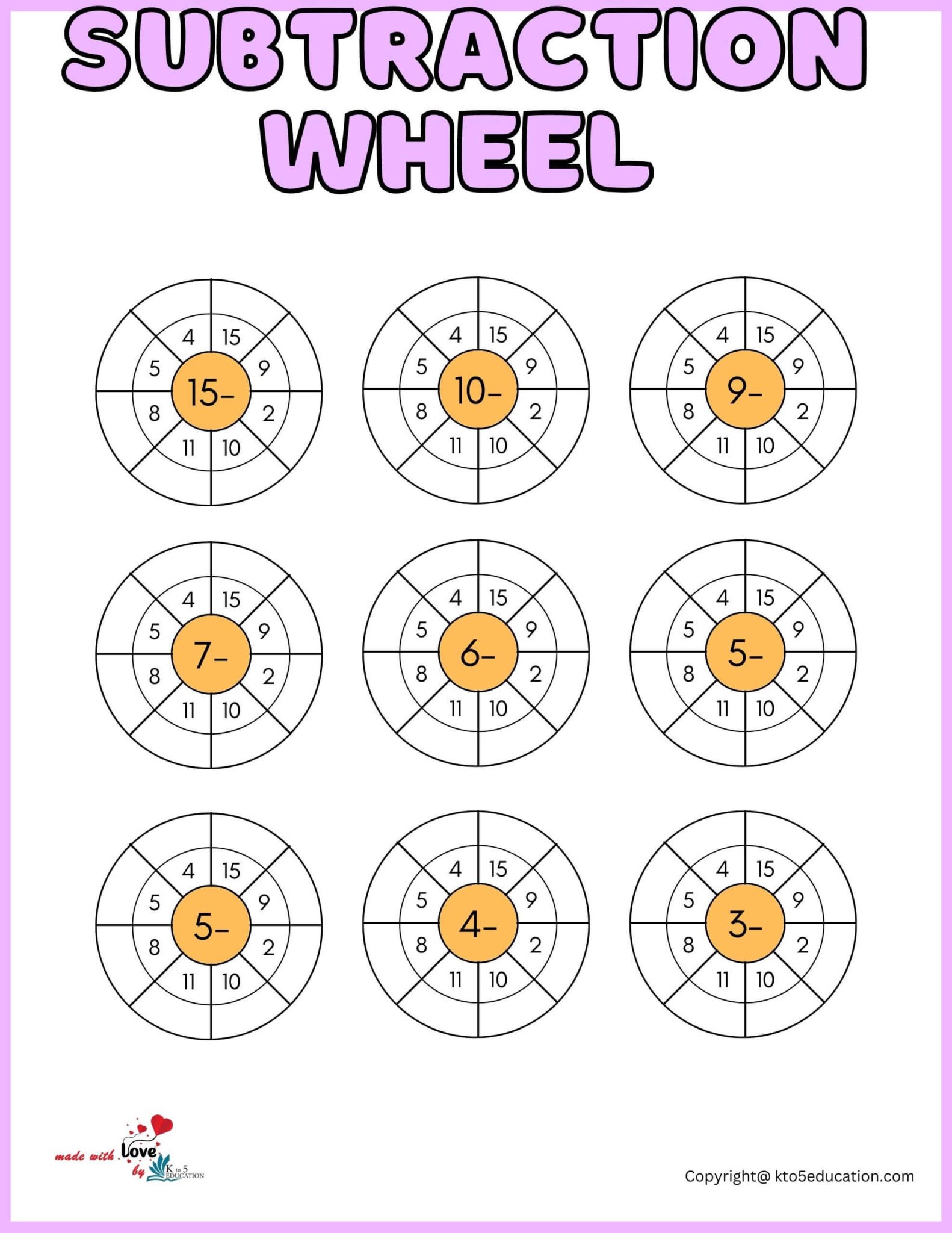Free Printable Subtraction Wheel Worksheet For Online