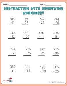 Free Printable Subtraction With Borrowing Worksheet