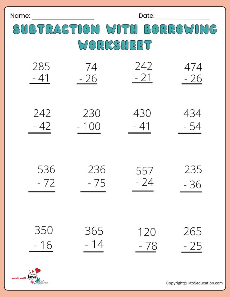 Free Printable Subtraction With Borrowing Worksheet | FREE Download