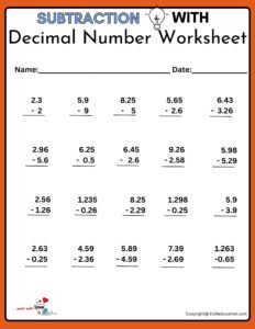 Free Printable Subtraction With Decimal Number Worksheet