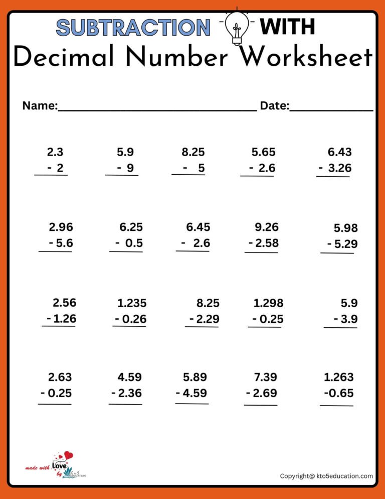 Free Printable Subtraction With Decimal Number Worksheet | FREE Download