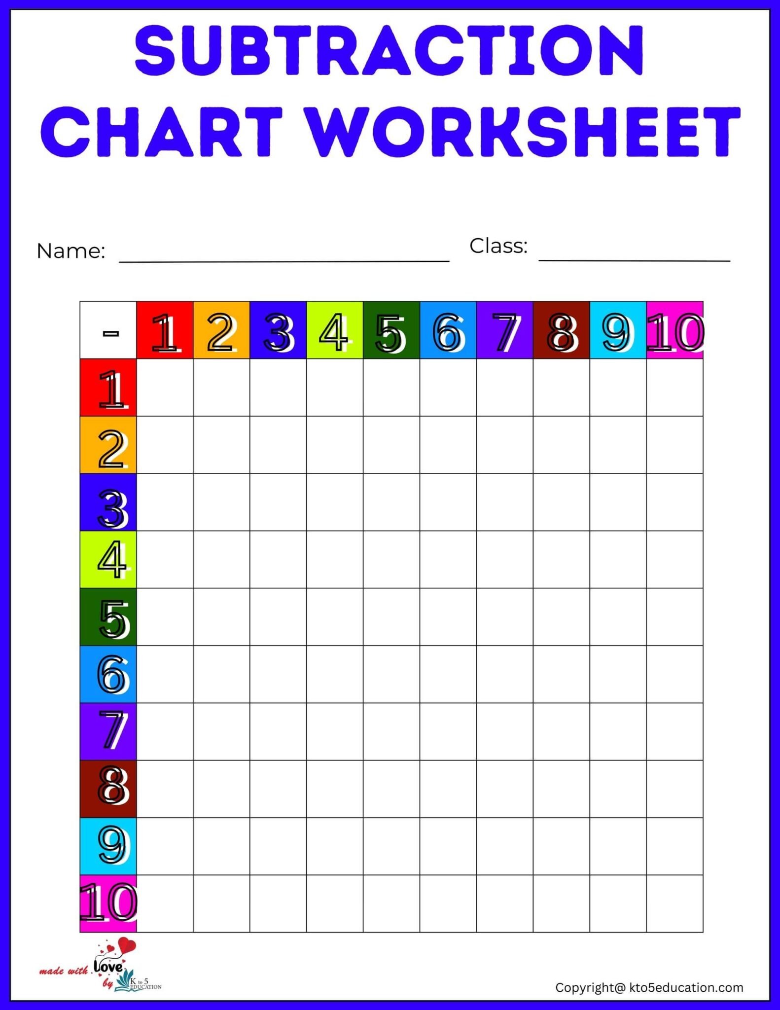 Free Subtraction Chart Printable Worksheets FREE