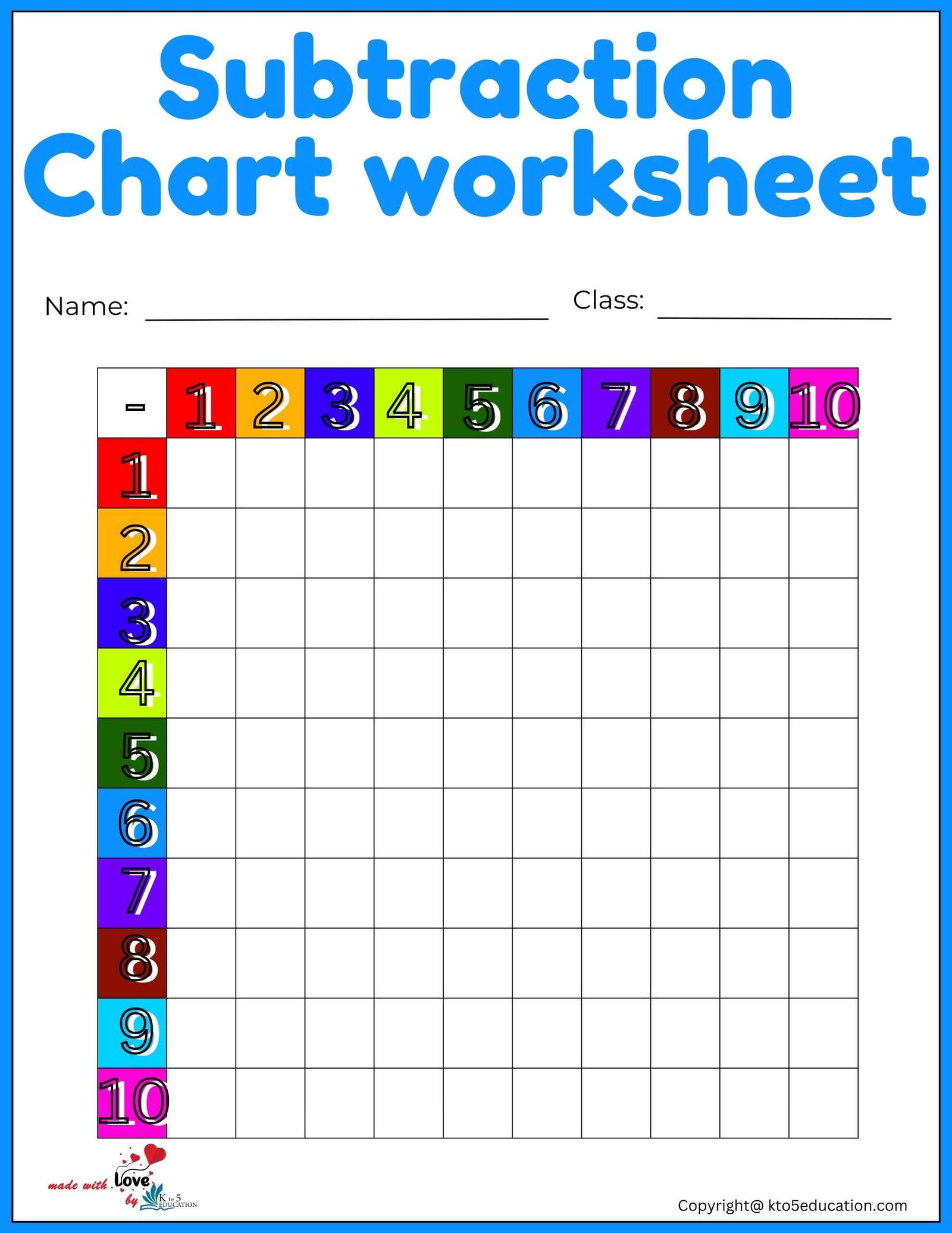 Free Subtraction Chart Worksheet