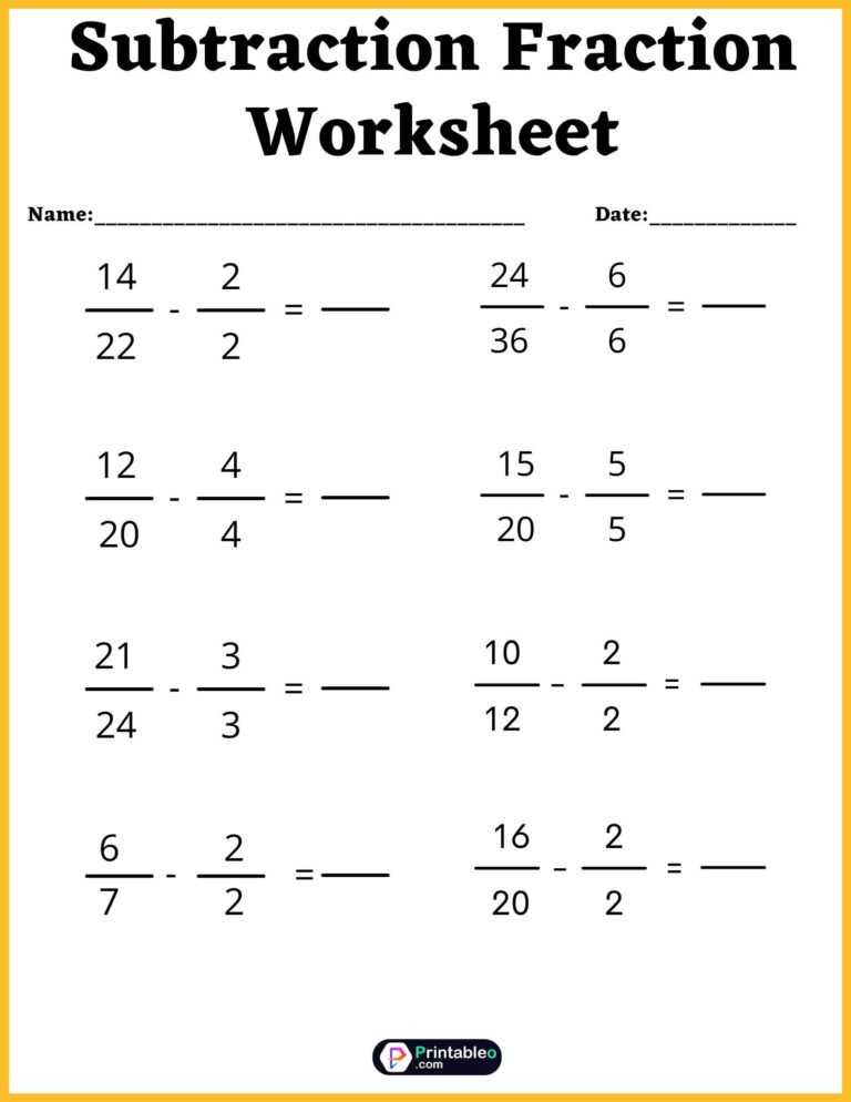 Free Subtraction Fraction Worksheet For Fifth Grade | FREE Download