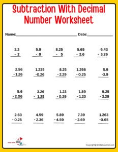 Free Subtraction With Decimal Number Online Activity Worksheet For Kids
